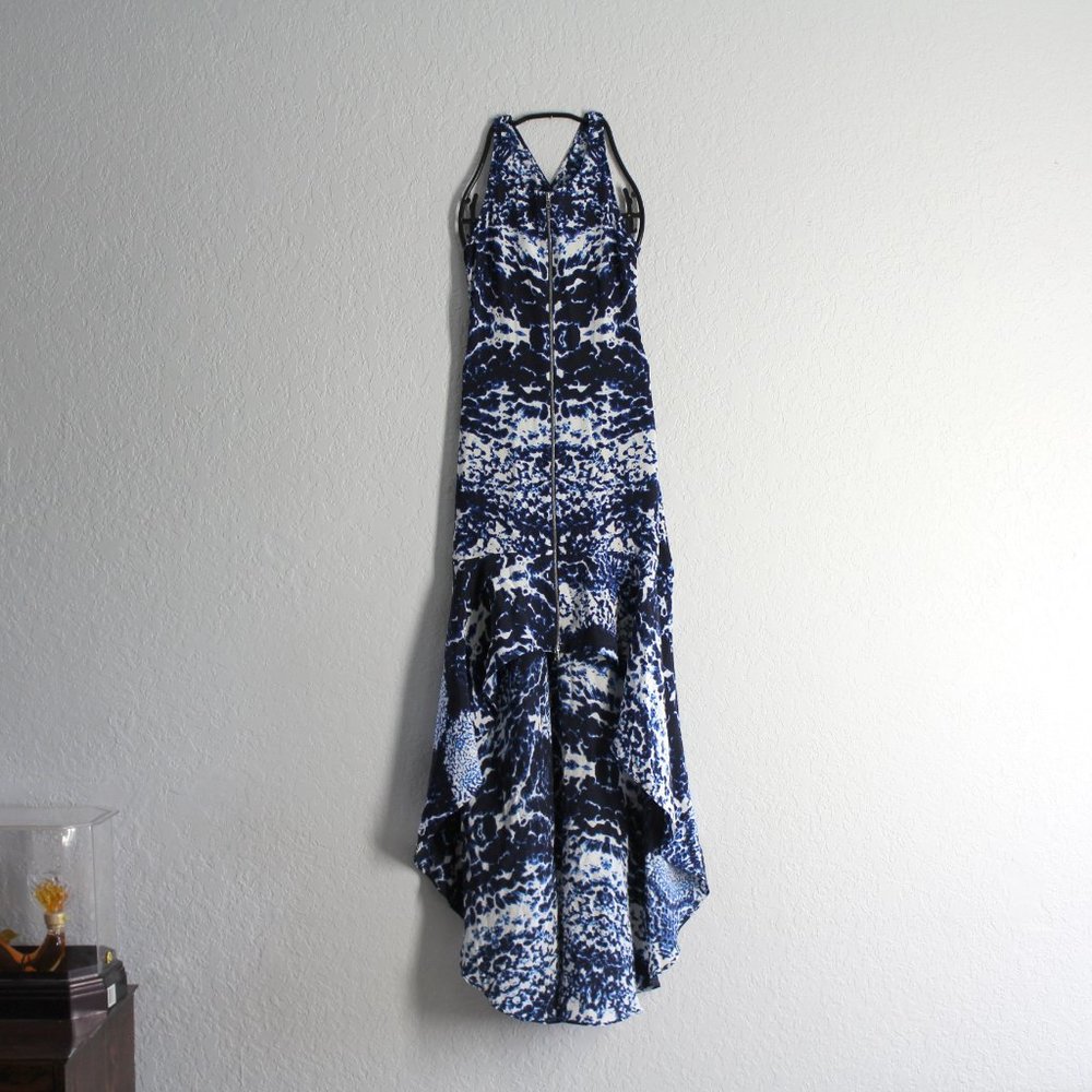 Intermix womens dress sz S silk zipper front high low maxi cross back blue